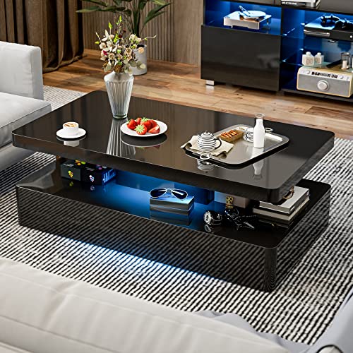 IKIFLY Modern High Glossy Black Coffee Table with 16 Colors LED Lights, Contemporary Rectangle Design Living Room Furniture, 2 Tiers