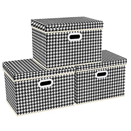 TYEERS Large Collapsible Storage Bins with Lids, Patterns, Washable, Fabric Decorative Storage Boxes for Home Office Storage, 17.3x11.8x11.4 inches, 3 Pack, Black