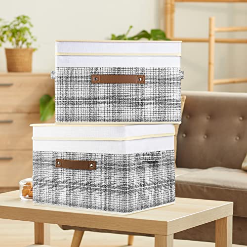 TYEERS Collapsible Storage Bins with Lids, Patchwork Design, Washable, Fabric Decorative Storage Boxes for Organizing, 14.9x9.8x9.8 inches, 3 Pack, Gray