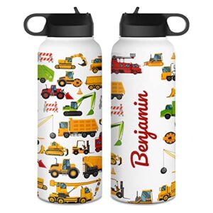 winorax construction water bottle for kids boys men teen toddler personalized truck tractor stainless steel insulated sports bottles birthday christmas back to school gifts custom name