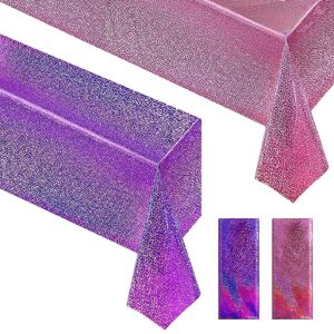 2 pcs pink&purple holographic party tablecloths 40" x 108" laser sparkly table cloths iridescence foil glitter table cover for mermaid unicorn wedding anniversary baby shower birthday party supplies