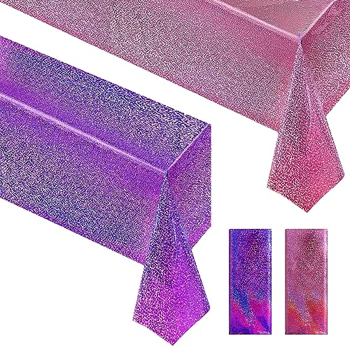 2 pcs Pink&Purple Holographic Party Tablecloths 40" x 108" Laser Sparkly Table Cloths Iridescence Foil Glitter Table Cover for Mermaid Unicorn Wedding Anniversary Baby Shower Birthday Party Supplies