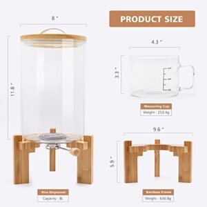 Glass Rice Airtight Dispenser 8L with Stand,Rice Holder Dispenser,Cereal Dry Food Storge Container Food Dispenser Countertop for Kitchen Organization and Pantry Store(8 L)