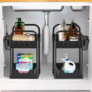 GEMWON Under Sink Organizer, 2 Tier Sliding Bathroom Organizer Cabinet Storage with Hooks, Hanging Cups, Handles, Multi-purpose Under Sink Shelf Organizer for Bathroom Kitchen(2 Pack)