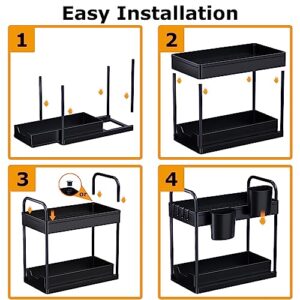 GEMWON Under Sink Organizer, 2 Tier Sliding Bathroom Organizer Cabinet Storage with Hooks, Hanging Cups, Handles, Multi-purpose Under Sink Shelf Organizer for Bathroom Kitchen(2 Pack)