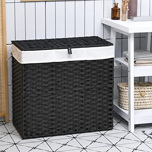 Giantex Laundry Hamper on Wheels, 3 Section 125L w/2 Liner Bags, Rattan Divided Laundry Sorter Clothes Basket w/Lid Handle for Bathroom (Black)