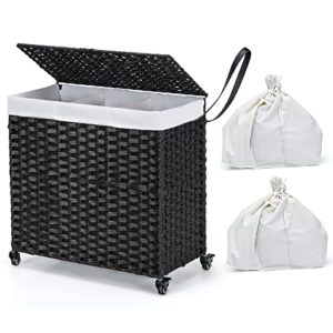 giantex laundry hamper on wheels, 3 section 125l w/2 liner bags, rattan divided laundry sorter clothes basket w/lid handle for bathroom (black)
