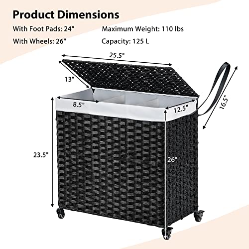 Giantex Laundry Hamper on Wheels, 3 Section 125L w/2 Liner Bags, Rattan Divided Laundry Sorter Clothes Basket w/Lid Handle for Bathroom (Black)