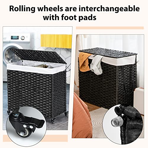 Giantex Laundry Hamper on Wheels, 3 Section 125L w/2 Liner Bags, Rattan Divided Laundry Sorter Clothes Basket w/Lid Handle for Bathroom (Black)