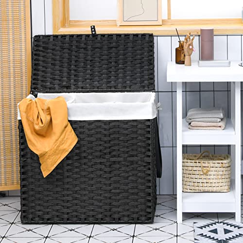 Giantex Laundry Hamper on Wheels, 3 Section 125L w/2 Liner Bags, Rattan Divided Laundry Sorter Clothes Basket w/Lid Handle for Bathroom (Black)