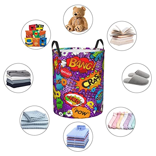 Circular Laundry Hamper Organizer Comic Book Style Speech Bubbles Effects Humorous Fun Contemporary Design Collapsible Storage Baskets Dirty Clothes Bag With Handles Toy Organizer Medium