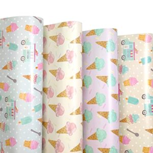 ldgooael flat birthday wrapping paper sheets-12 sheets with 4 ice cream paterns, gift wrapping paper for birthday, wedding, baby shower occasions- pre cut & folded(19.6" x 27.5“ per sheet)…