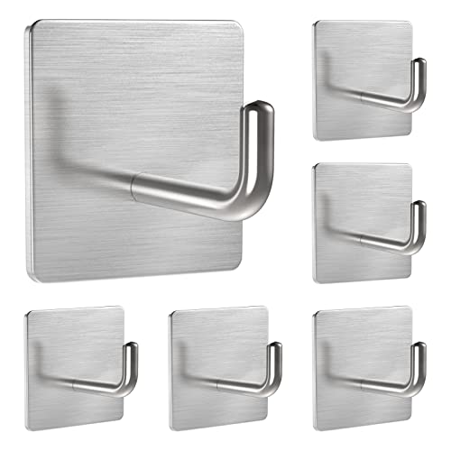 JIAJIAGUAN Adhesive Hooks Heavy Duty - Waterproof SUS 304 Stainless Steel Hook - Robe Towel Hooks - Wall Hooks for Hanging Coat - Slashes Hook for Bathroom Kitchen Bedroom (6 Pack)