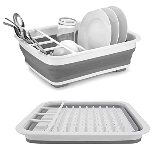 Dish Drainer Collapsible Dish Rack Drainer Foldable & Portable Dish & Cutlery Organizer Space Saving Kitchen Accessory for Inside Camper & Travel Trailers, White Gray