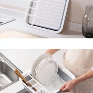 Dish Drainer Collapsible Dish Rack Drainer Foldable & Portable Dish & Cutlery Organizer Space Saving Kitchen Accessory for Inside Camper & Travel Trailers, White Gray