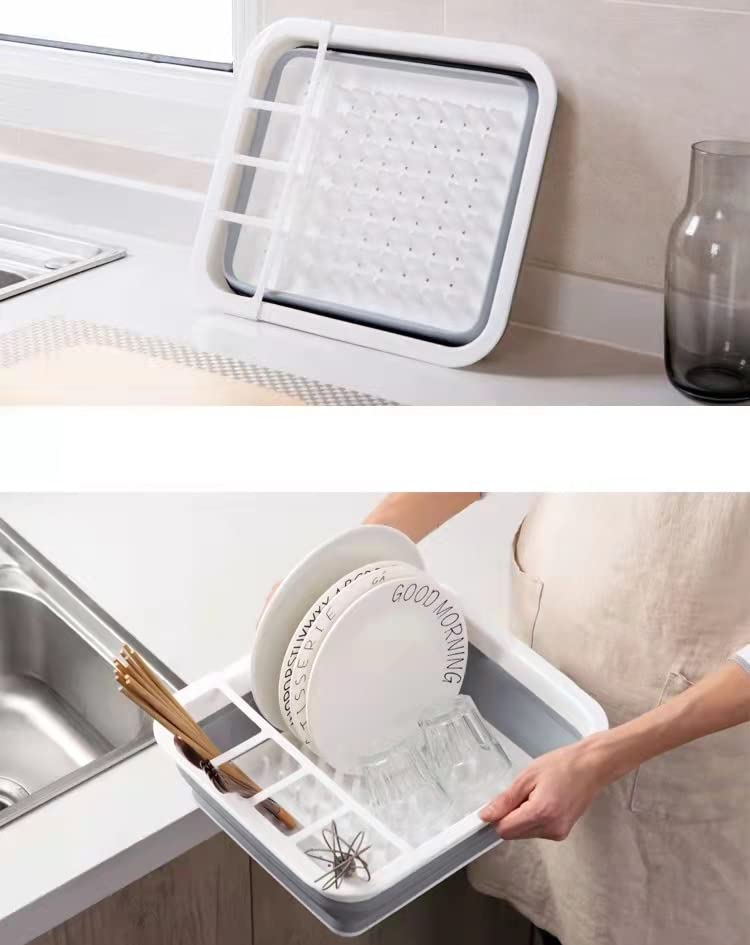 Dish Drainer Collapsible Dish Rack Drainer Foldable & Portable Dish & Cutlery Organizer Space Saving Kitchen Accessory for Inside Camper & Travel Trailers, White Gray