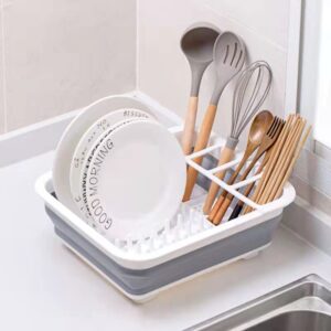 Dish Drainer Collapsible Dish Rack Drainer Foldable & Portable Dish & Cutlery Organizer Space Saving Kitchen Accessory for Inside Camper & Travel Trailers, White Gray