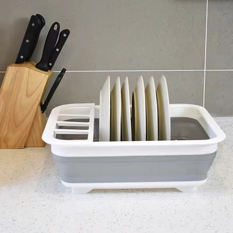 Dish Drainer Collapsible Dish Rack Drainer Foldable & Portable Dish & Cutlery Organizer Space Saving Kitchen Accessory for Inside Camper & Travel Trailers, White Gray