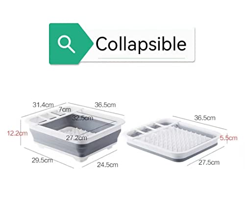 Dish Drainer Collapsible Dish Rack Drainer Foldable & Portable Dish & Cutlery Organizer Space Saving Kitchen Accessory for Inside Camper & Travel Trailers, White Gray