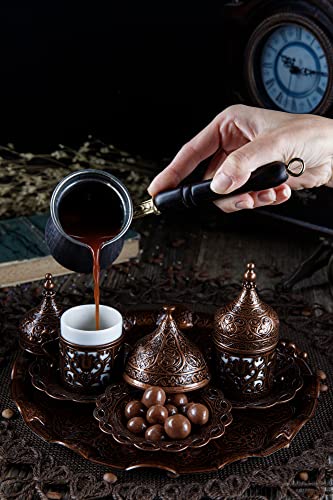 DEMMEX 2023 Turkish Greek Arabic Coffee Full Set with Cups Saucers Lids Sugar Bowl Tray and Copper Coffee Pot, 12 Pcs