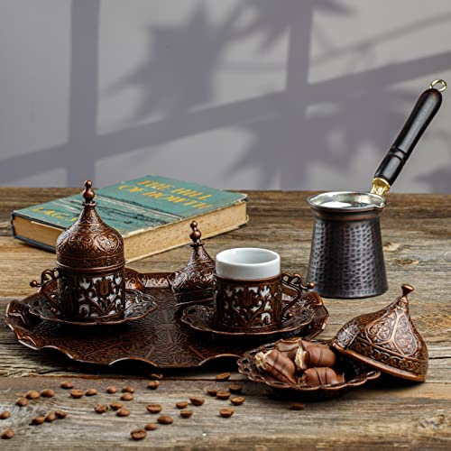 DEMMEX 2023 Turkish Greek Arabic Coffee Full Set with Cups Saucers Lids Sugar Bowl Tray and Copper Coffee Pot, 12 Pcs