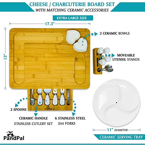 Large Charcuterie Board and Knife Set – Unique Bamboo Cheese Board Set with Fruit Plate & Stainless Steel Ceramic Accessories, Charcuterie Platter & Serving Tray (17.3" x 13")