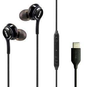ellogear 2022 type c headphone earbuds for samsung galaxy a53, s21, galaxy s22, s22 ultra, galaxy s20 fe - designed by akg - braided cable with microphone and volume remote usb-c connector - black