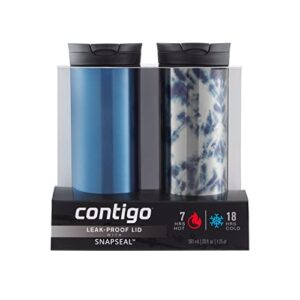 contigo huron vacuum-insulated stainless steel travel mug with leak-proof lid, keeps drinks hot or cold for hours, fits most cup holders and brewers, 20oz 2-pack, blue corn & acid wash