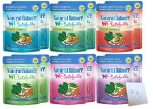 natural balance grain-free platefulls variety pack six flavors: turkey, salmon & chicken, chicken giblets, cod & sole, salmon & tuna, and mackerel + pet paws notepad - 3 ounces each (12 pouches total)