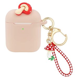 wonhibo cute mushroom airpod case, kawaii silicone pastel pink cover for apple airpods 1st and 2nd generation with keychain