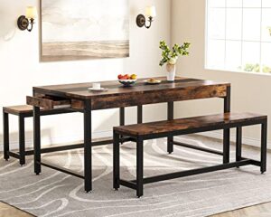 tribesigns 63 inch large dining table set for 4 to 6, kitchen breakfast table with 2 benches & sided drawer, 3-piece modern industrial bar table furniture for dining room, rustic brown & black