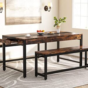 Tribesigns 63 Inch Large Dining Table Set for 4 to 6, Kitchen Breakfast Table with 2 Benches & Sided Drawer, 3-Piece Modern Industrial Bar Table Furniture for Dining Room, Rustic Brown & Black