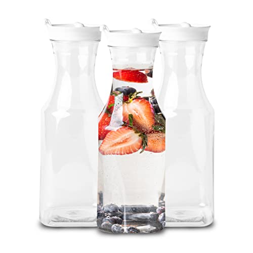 Party Bargains 34 Oz. Water Carafe with Flip Tab Lids - [3 Pack] White Premium Quality & Heavy Duty Square Base Carafe with Lids - Excellent for Milk, Water, Iced Tea, Juice, Cold Brew, Mimosa Bar