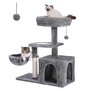 petepela cat tree for small indoor cats, plush cat tower with large cat condo, deep hammock and sisal cat scratching post for kittens