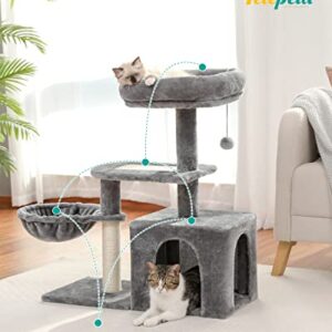 PETEPELA Cat Tree for Small Indoor Cats, Plush Cat Tower with Large Cat Condo, Deep Hammock and Sisal Cat Scratching Post for Kittens