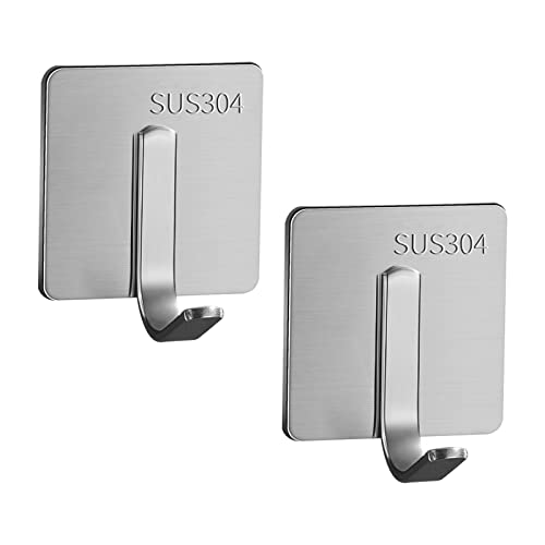 Adhesive Hooks,Waterproof 304 Stainless Steel Wall Hooks for Hanging Key,Coat,Towel,Kitchen,Bathroom Metal Adhesive Hanger Hooks Heavy Duty (2Pack, Silver)