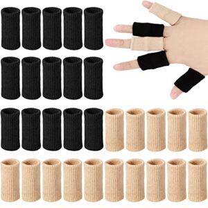 30 Pieces Finger Sleeves,Elastic Compression Protector with 1 Storage Bag,Finger Compression Sleeves,Elastic Thumb Sleeve,Finger Protector Sleeve for Relieving Pain Sports(Black + Beige)