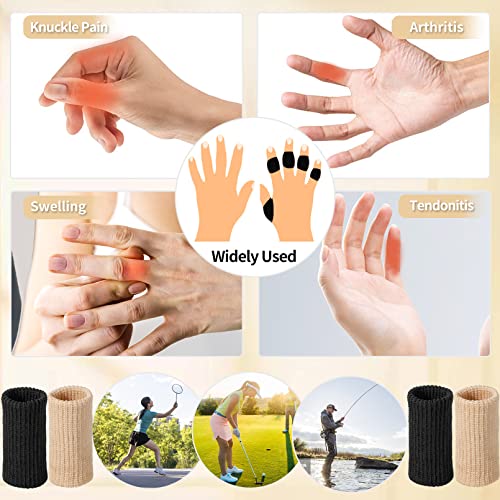 30 Pieces Finger Sleeves,Elastic Compression Protector with 1 Storage Bag,Finger Compression Sleeves,Elastic Thumb Sleeve,Finger Protector Sleeve for Relieving Pain Sports(Black + Beige)