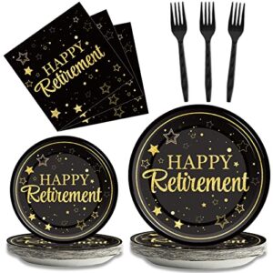 96 pcs retirement party plates napkins tableware set happy retirement supplies black and golden disposable dinnerware decoration favors for women men, 24 guests
