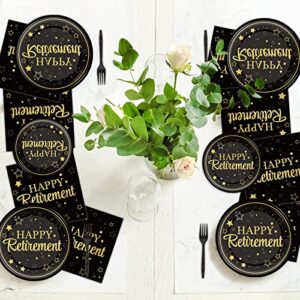 96 Pcs Retirement Party Plates Napkins Tableware Set Happy Retirement Supplies Black and Golden Disposable Dinnerware Decoration Favors for Women Men, 24 Guests