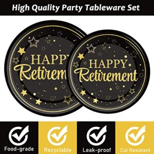 96 Pcs Retirement Party Plates Napkins Tableware Set Happy Retirement Supplies Black and Golden Disposable Dinnerware Decoration Favors for Women Men, 24 Guests