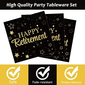 96 Pcs Retirement Party Plates Napkins Tableware Set Happy Retirement Supplies Black and Golden Disposable Dinnerware Decoration Favors for Women Men, 24 Guests