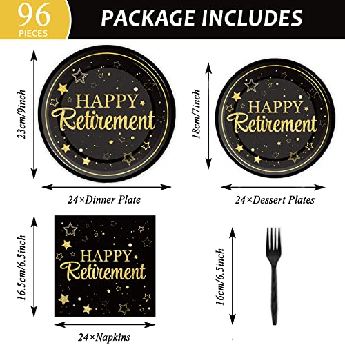 96 Pcs Retirement Party Plates Napkins Tableware Set Happy Retirement Supplies Black and Golden Disposable Dinnerware Decoration Favors for Women Men, 24 Guests