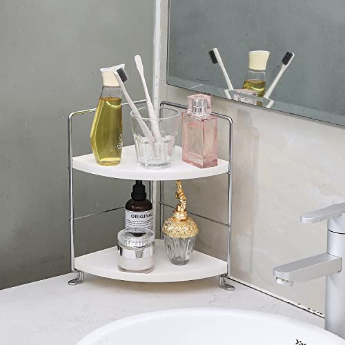 YANBETTER 2-Tier Corner Shelf Bathroom Small Bathroom Shelf Save Space, Easy to Assemble Bathroom Corner Organizer, Vanity Tray Cosmetic & Makeup & Kitchen Storage Silver