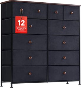 aopsen 12 drawer tall dresser, storage chests of drawers, black fabric dresser for bedroom closet nursery living room, wooden top and metal frame, rustic brown