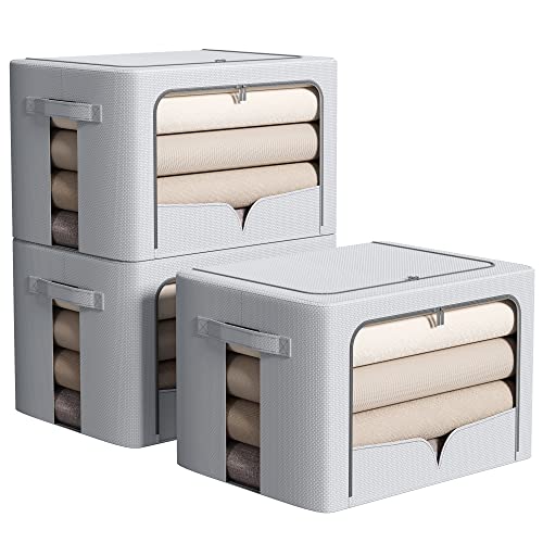 3 Pack Clothes Storage Organizer Bins - Foldable Metal Frame Storage Bins Stackable Oxford Cloth Fabric Container Organizer Set with Carrying Handles and Clear Window (Large-66L, Gray)