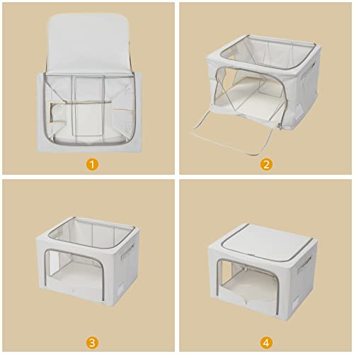 3 Pack Clothes Storage Organizer Bins - Foldable Metal Frame Storage Bins Stackable Oxford Cloth Fabric Container Organizer Set with Carrying Handles and Clear Window (Large-66L, Gray)