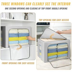 3 Pack Clothes Storage Organizer Bins - Foldable Metal Frame Storage Bins Stackable Oxford Cloth Fabric Container Organizer Set with Carrying Handles and Clear Window (Large-66L, Gray)