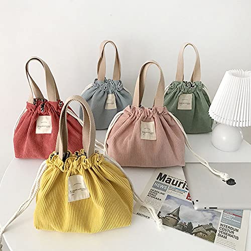 Outdoor Picnic Drawstring Picnic Tote Corduroy Canvas Dinner Container Cute Food Storage Bags Lunch Bag(Green)