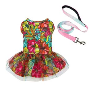 fitwarm dog harness tulle dress with leash set, daisy floral dog clothes for small dogs girl, cat apparel, red, yellow, pink, large